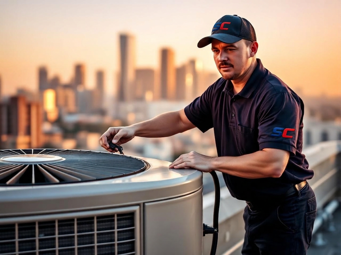 HVAC technician servicing a residential air conditioning unit